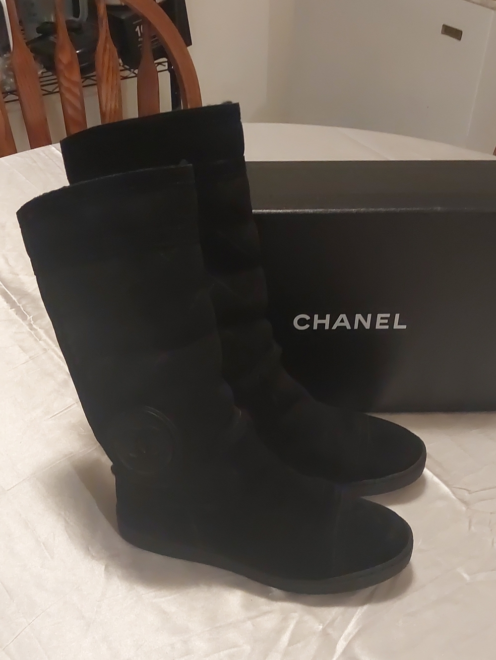 CHANEL Black Suede Mid-Calf Fleece Lined Boots